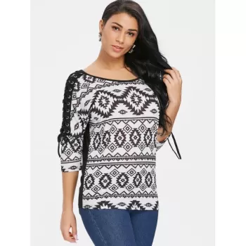 Three Quarter leeve Aztec Print T-shirt - Black