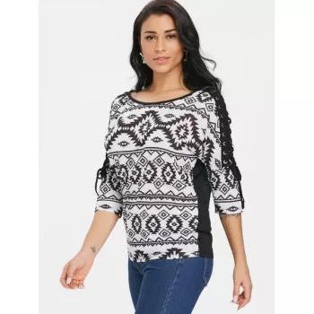 Three Quarter leeve Aztec Print T-shirt - Black