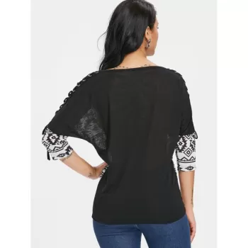 Three Quarter leeve Aztec Print T-shirt - Black