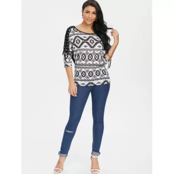 Three Quarter leeve Aztec Print T-shirt - Black