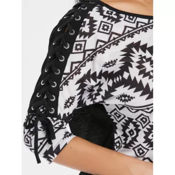 Three Quarter leeve Aztec Print T-shirt - Black