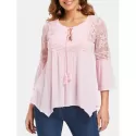 Three Quarter Sleeve Lace Insert Blouse - Pink