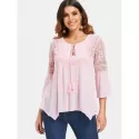 Three Quarter Sleeve Lace Insert Blouse - Pink