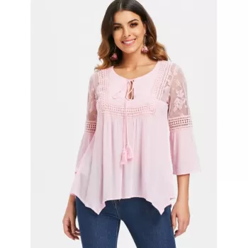 Three Quarter Sleeve Lace Insert Blouse - Pink