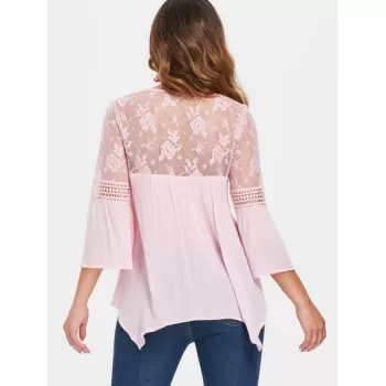 Three Quarter Sleeve Lace Insert Blouse - Pink