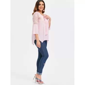 Three Quarter Sleeve Lace Insert Blouse - Pink