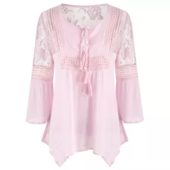 Three Quarter Sleeve Lace Insert Blouse - Pink