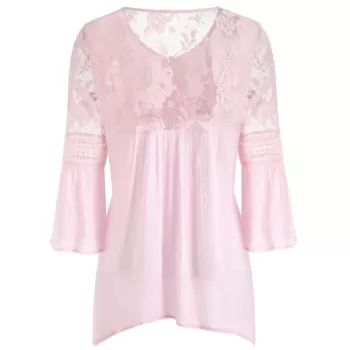 Three Quarter Sleeve Lace Insert Blouse - Pink