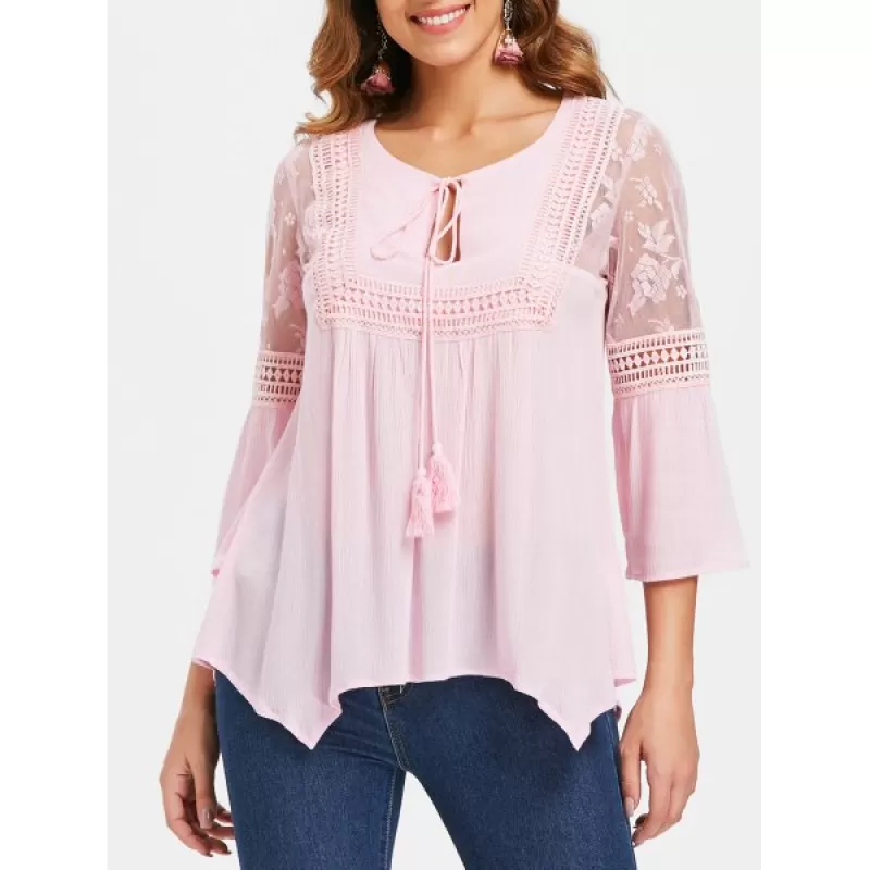 Three Quarter Sleeve Lace Insert Blouse - Pink