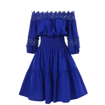 Three Quarter Sleeve Lace Panel Dress - Blue