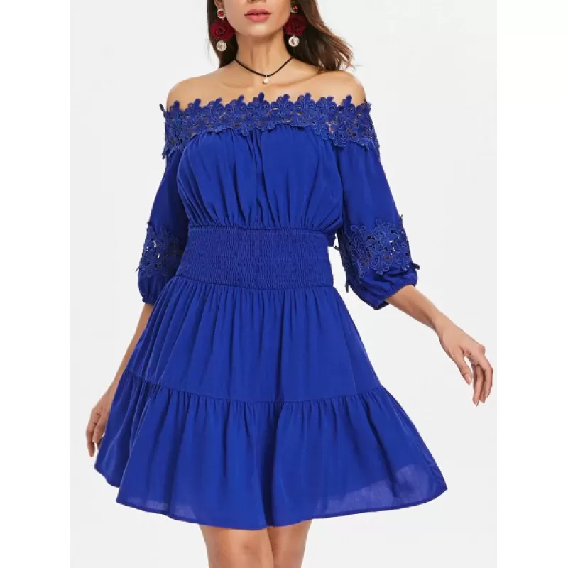 Three Quarter Sleeve Lace Panel Dress - Blue