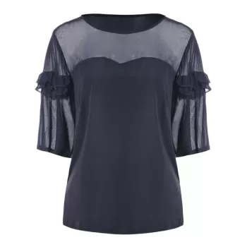Three Quarter Sleeve Panel Blouse - Dark Slate Blue