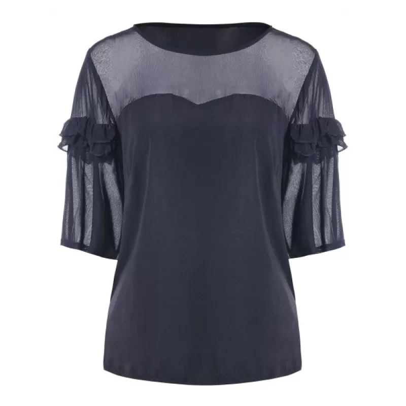 Three Quarter Sleeve Panel Blouse - Dark Slate Blue