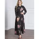 Tie Collar Floral Maxi Dress - Black