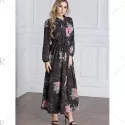 Tie Collar Floral Maxi Dress - Black