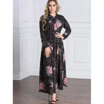 Tie Collar Floral Maxi Dress - Black