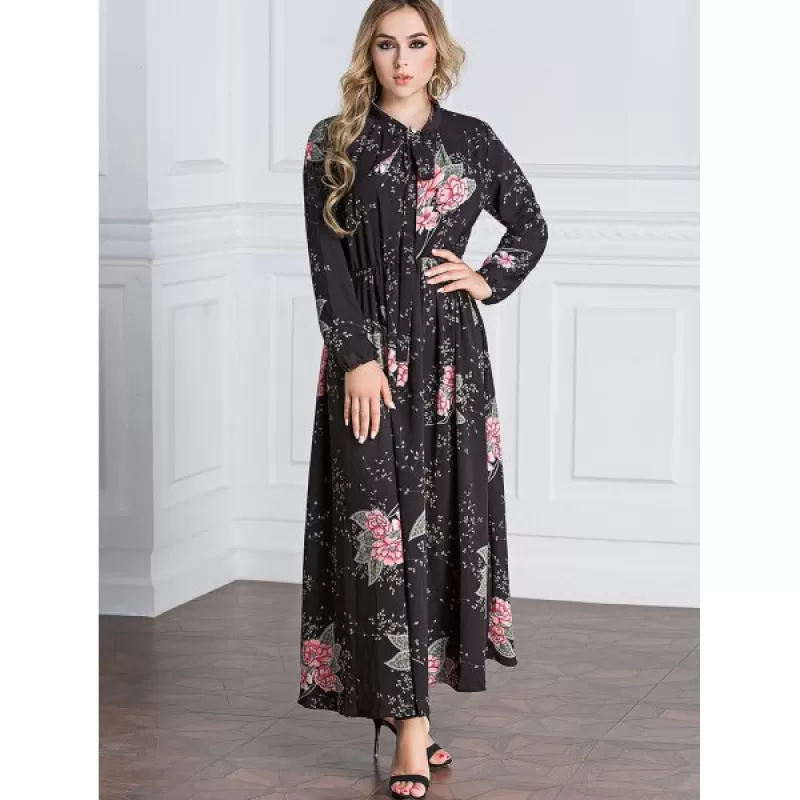 Tie Collar Floral Maxi Dress - Black
