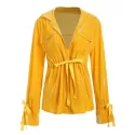 Tie Cuffs Drawstring Waist Velvet Shirt - Yellow
