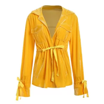 Tie Cuffs Drawstring Waist Velvet Shirt - Yellow