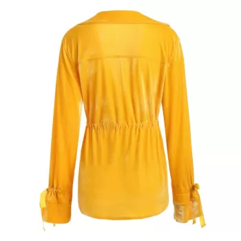 Tie Cuffs Drawstring Waist Velvet Shirt - Yellow