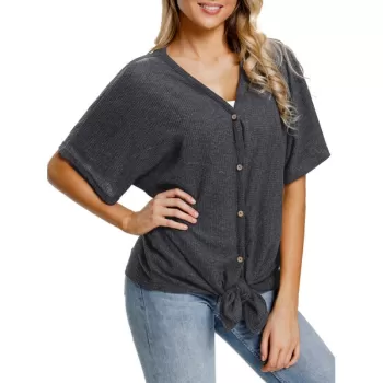 Tie Knotted Button Up Top - Dark Gray