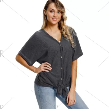 Tie Knotted Button Up Top - Dark Gray