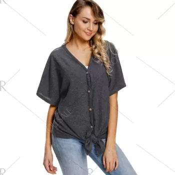 Tie Knotted Button Up Top - Dark Gray