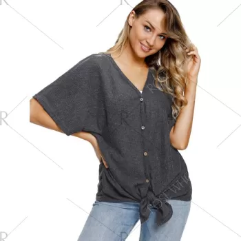 Tie Knotted Button Up Top - Dark Gray