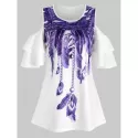 Tiered Sleeves Feather Print Longline Tee - White