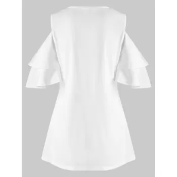 Tiered Sleeves Feather Print Longline Tee - White