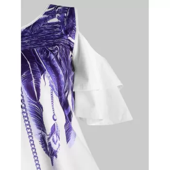 Tiered Sleeves Feather Print Longline Tee - White