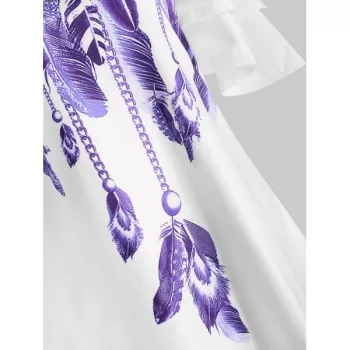 Tiered Sleeves Feather Print Longline Tee - White