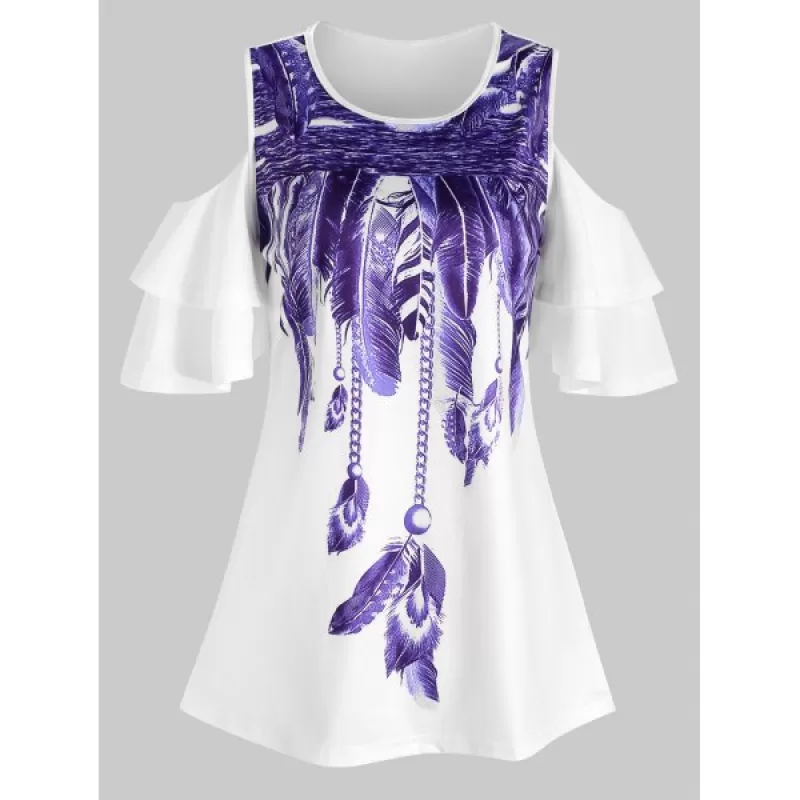 Tiered Sleeves Feather Print Longline Tee - White