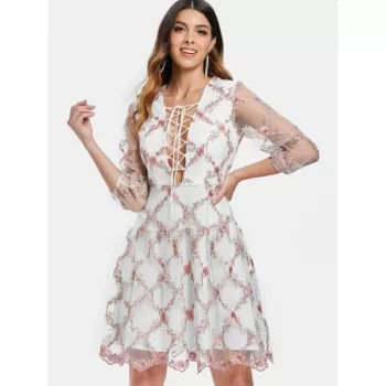 Tiny Floral Embroidery Lace Up esh Dress -