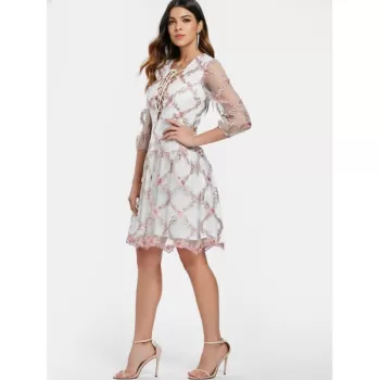 Tiny Floral Embroidery Lace Up esh Dress -