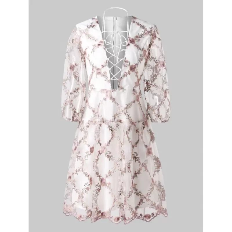 Tiny Floral Embroidery Lace Up esh Dress -