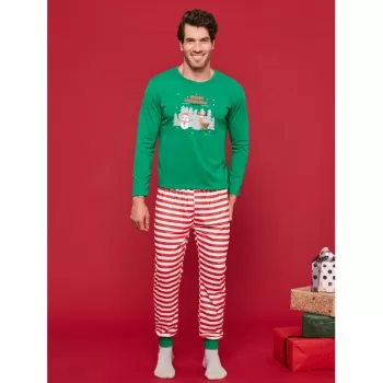 Tree Snowman Print Striped Family Christmas Pajamas - Light Sea Green Dad
