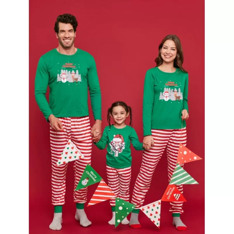 Tree Snowman Print Striped Family Christmas Pajamas - Light Sea Green Dad