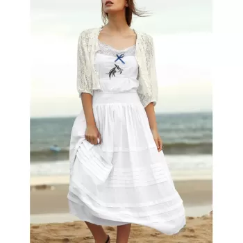 Trendy Embroidered Cami Ethnic Dress   Lace Blouse Women's Twinset - White