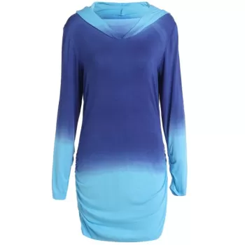Trendy Hooded Ombre Color Long Sleeve Hoodie For Women - Blue