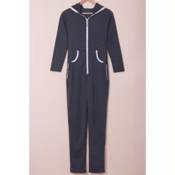 Trendy Hooded Zippered Long Sleeve Bodycon Jumpsuit For Women - Gray