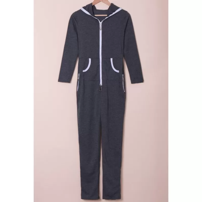 Trendy Hooded Zippered Long Sleeve Bodycon Jumpsuit For Women - Gray