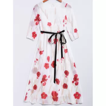 Trendy antern Sleeve Petal Print Women's Maxi Chiffon Dress - White