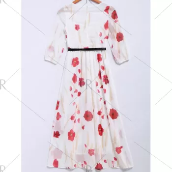 Trendy antern Sleeve Petal Print Women's Maxi Chiffon Dress - White