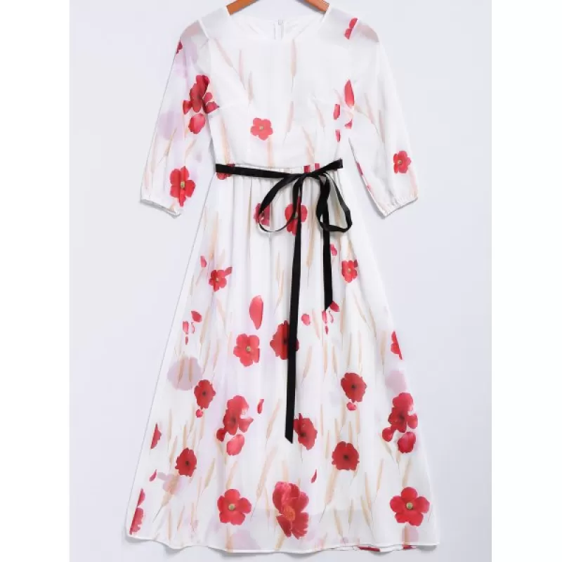 Trendy antern Sleeve Petal Print Women's Maxi Chiffon Dress - White
