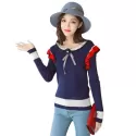 Trendy Scoop Neck Long Sleeve Ruffled Color Blocking Knitted Women Sweater - Cerulean One Size(fit Size Xs To