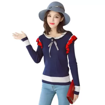 Trendy Scoop Neck Long Sleeve Ruffled Color Blocking Knitted Women Sweater - Cerulean One Size(fit Size Xs To