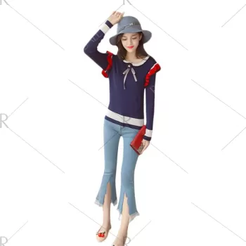 Trendy Scoop Neck Long Sleeve Ruffled Color Blocking Knitted Women Sweater - Cerulean One Size(fit Size Xs To