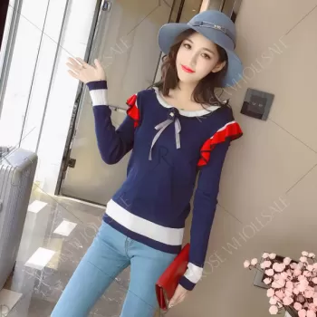Trendy Scoop Neck Long Sleeve Ruffled Color Blocking Knitted Women Sweater - Cerulean One Size(fit Size Xs To