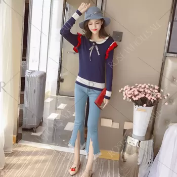 Trendy Scoop Neck Long Sleeve Ruffled Color Blocking Knitted Women Sweater - Cerulean One Size(fit Size Xs To